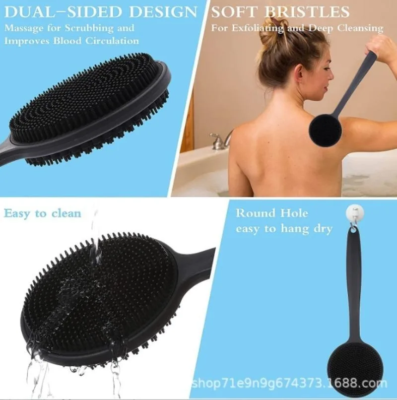 1pc Silicone Long Handle Bath Brush Back Scrubbing Brush Soft Bristle Back Scrubbing Brush