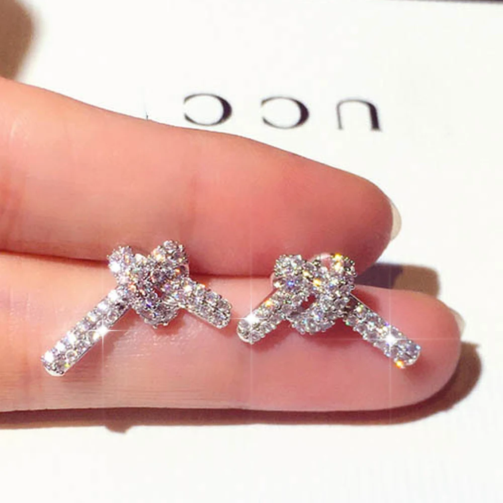 2022 New Fashion Design Sweet Silver Needle Earrings Simple Shiny Zircon Set Bowknot Temperament Earrings Wholesale