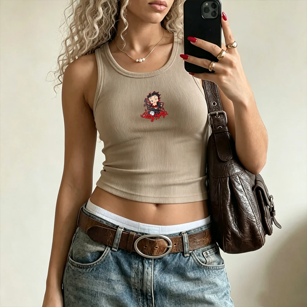 Retro Style Betty Girl Boop Printed Tank Top Y2K Street Outfit, High Waist Denim Layering, Café Hangout, Festival Casual Wear