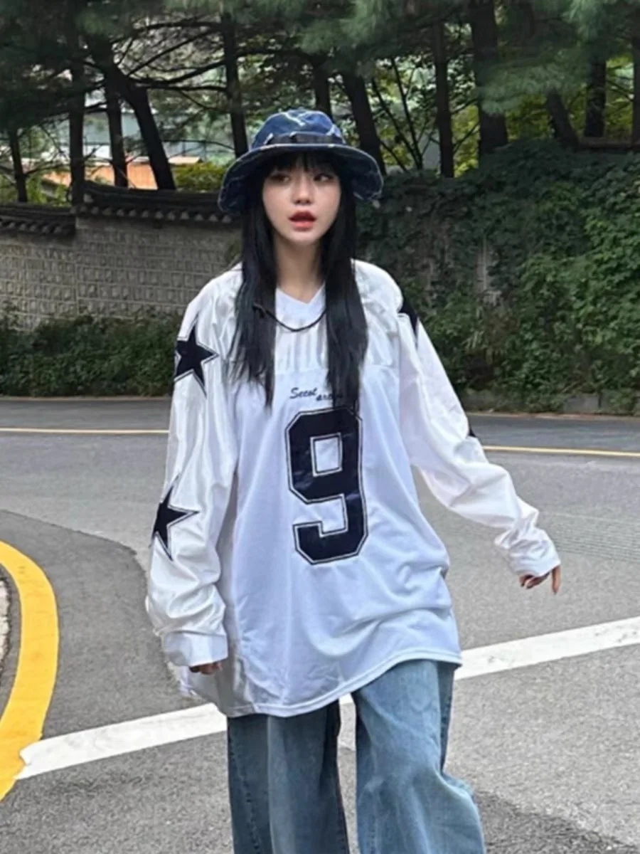 

Футболка Long Sve V-Ne oulder Insert со звездной вышивкой, номер 9, лоскутная спортивная футболка из джерси с мячом, женский модный топ