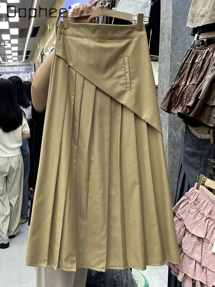 

2024 Autumn New French Pleated Skirt Splicing Irregular High Waist A Line Long Skirt Chic Solid Color All Match Commute Casual