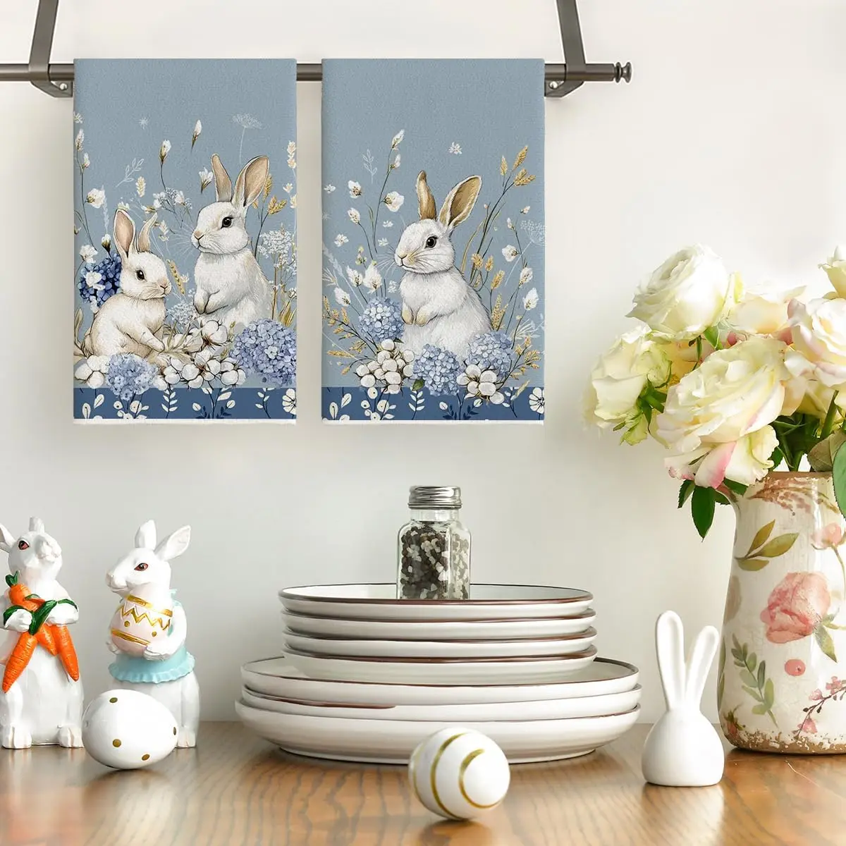 2Pcs, Blue Hydrangea Cute Rabbit Kitchen Towels, 40Cm*60Cm Towel Set, Super Absorbent Soft Cleaning Cloth, Cooking Baking Tea Towel, Hand Towel, Cleaning Cloth, Dishcloth, Kitchen Decoration, Living Room Decorations, Kitchen Essentials, Home Essentials