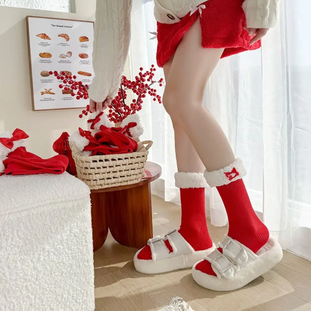 Kawaii Female Hosiery New Year Red Socks Bow Lace Lamb Wool Red Socks Cotton Middle Tube Socks Home Hosiery