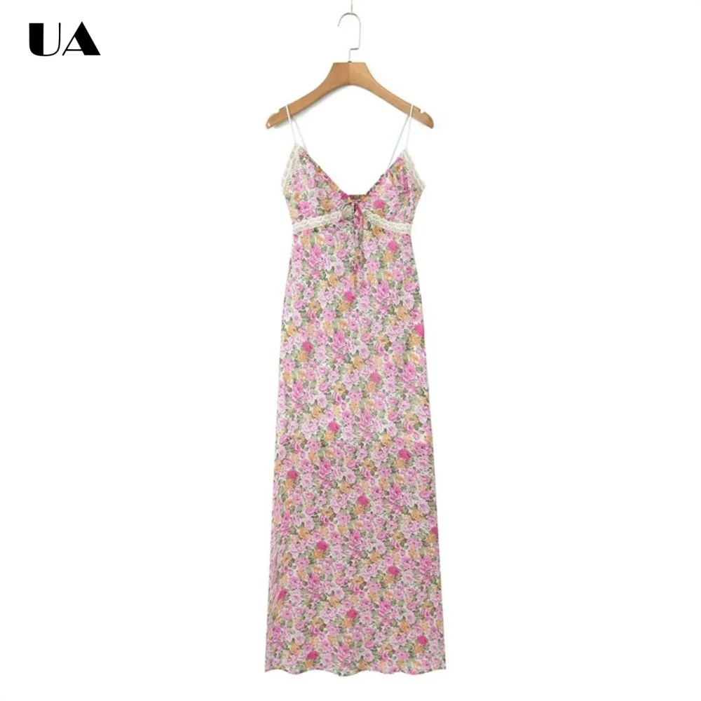 

Fashionable Flower Printed Lace-trimmed Midi Dress, Elegant Spaghetti Strap Long Dress for Woman, Vacation Style Ruched Dress