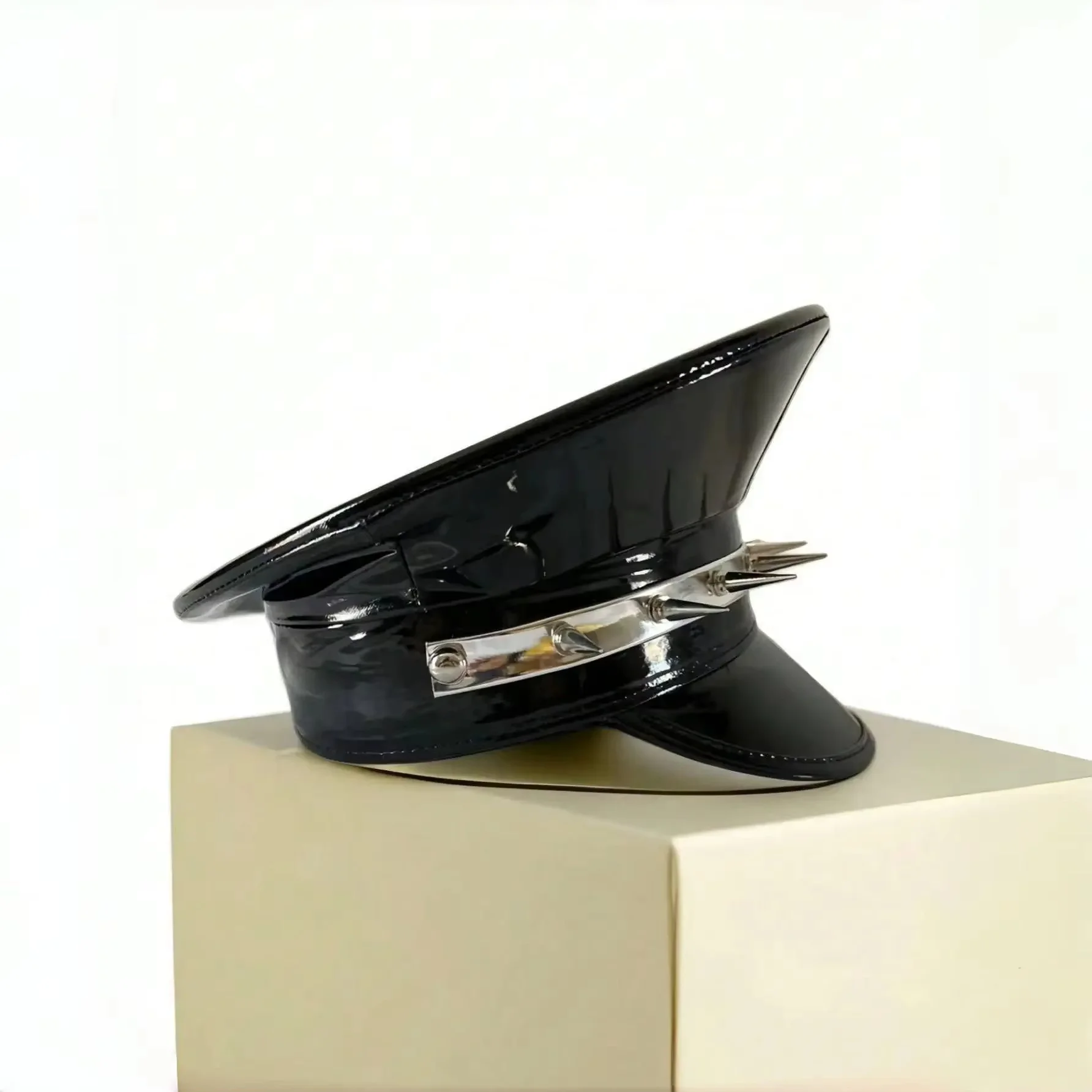 HongLuan  Laser Leather Captain Hat Rhinestone & Military Caps for Woman, Rave Festivals Accessories ＆ Party Cap Man Cosplay Fem