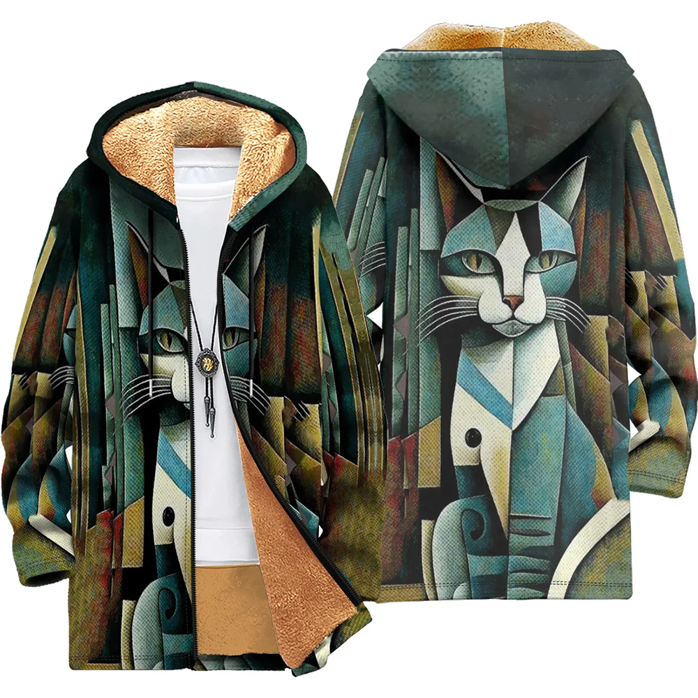 Man winter clothing, New in Down Coats, Retro style cat design doodle cotton-padded jacket clothing, feather print pocket zipper