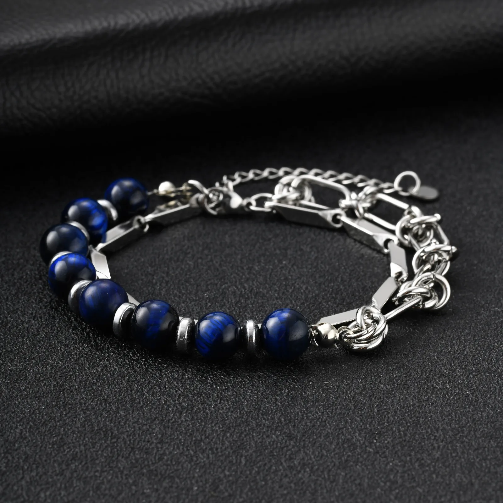 Vnox Men's Stainless Steel Double Layer Blue Tiger Eye Bracelet, Hip Hop Beads Adjustable Chain Wristband, Cool Fashion Jewelry - Detail 1