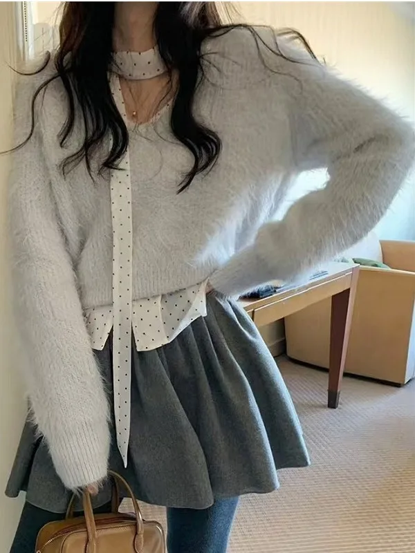 

Korean Sle Soft Plu Long Sve V-Ne Women's Knitted Sweater Spring 2026 Faionable Casual Comfortable Polyester Fiber