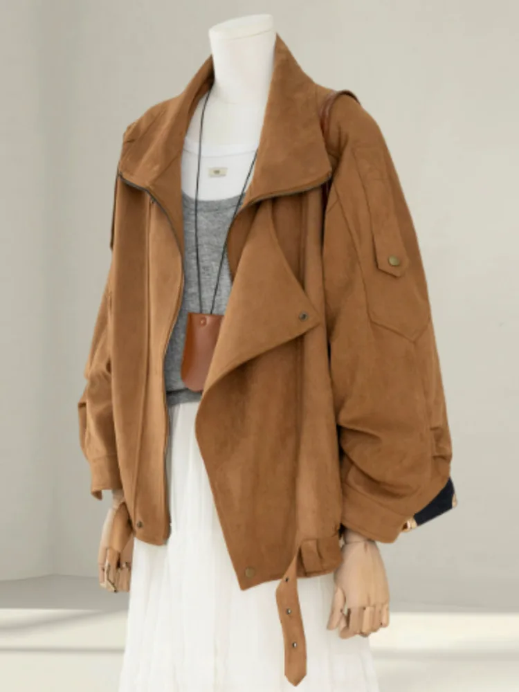 WHTREND براون بدوره إلى أسفل طوق سترة من جلد الغزال للنساء حجم كبير نمط جديد رائع فضفاض تنوعا سستة دراجة نارية معاطف السترة #6