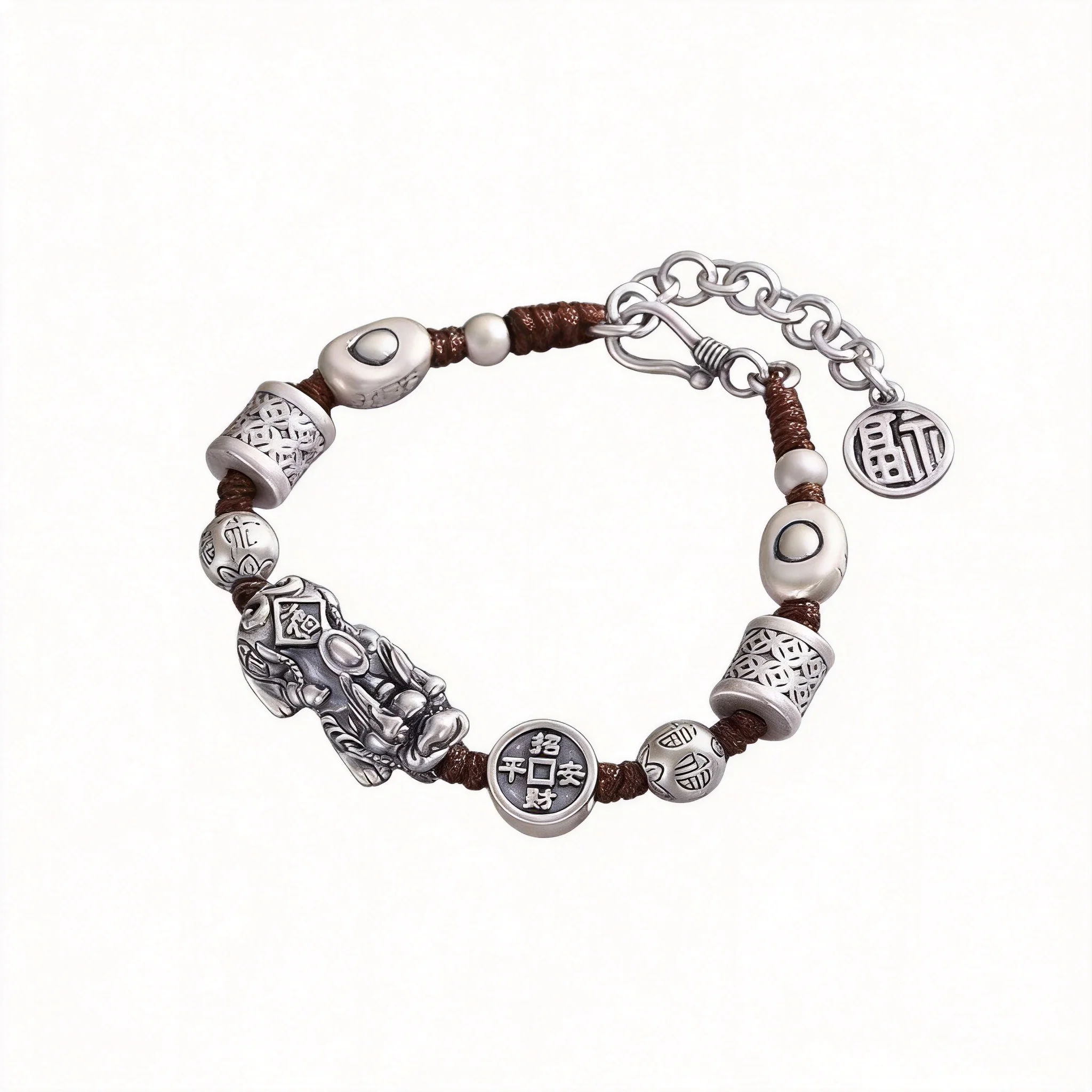 Chinese Style 999 Silver Plated Pixiu Bracelet Unisex Retro Handwoven Lucky Six Character Mantra Heart Sutra Fu Blessing Wealth
