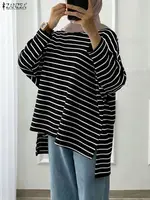 2025 automne rayé Blouse ZANZEA mode femmes à manches longues hauts col rond chemise ample musulman Abaya décontracté haut bas Blusas Mujer 2
