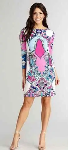 

Элегантное облегающее трикотажное платье с круглым вырезом и принтом, разноцветное, эластичное, универсальное, модное, с рукавами 3/4, из полиэстера