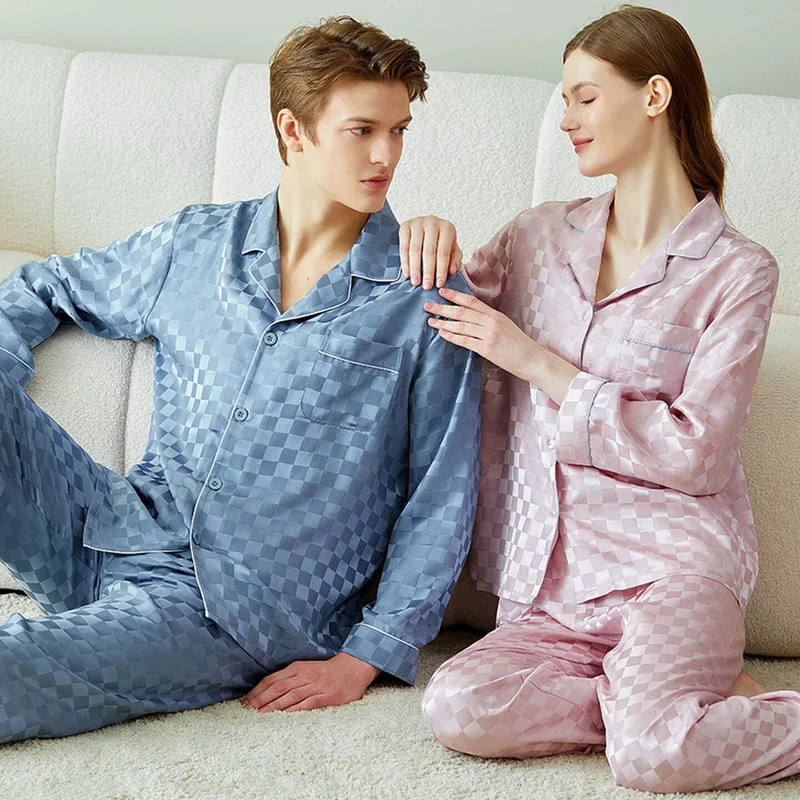 Jacquard 19MM 100% Mulberry Silk Couple Pajamas Men's And Women's Long Sleeve Trousers Home Suit Autumn Christmas Sleepwear PJ