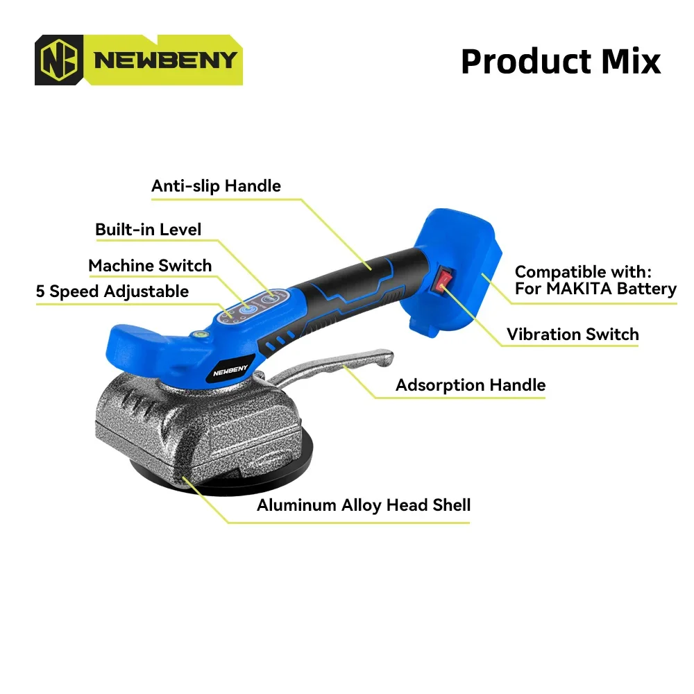 NEWBENY Cordless Tiles Tiling Machine 5 Gear Automatic Floor Vibrator Leveling Wall Tile Power Tool For Makita 18V Battery