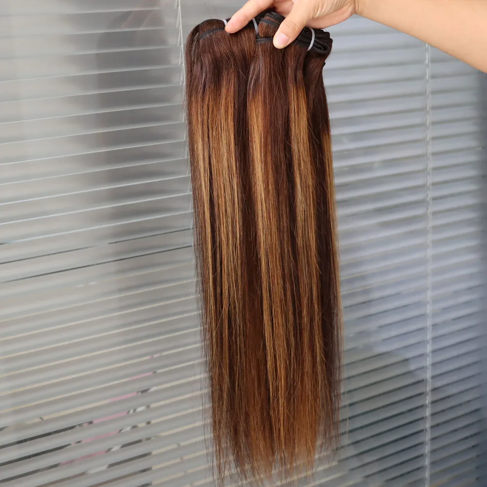 البيانو اللون 4/27 شقراء عذراء ريمي بالجملة حزم الشعر البشري لحمة مزدوجة تسليط الضوء على اللون البني موجة النسيج انخفاض الشحن