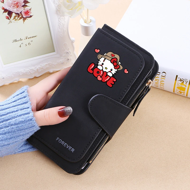 New Hello Kitty Wallet  Women Anime Cartoon Fashion Multi-Card Slot Purse  Buckle Nubuck Material Two-color Fabric Wallets Gift