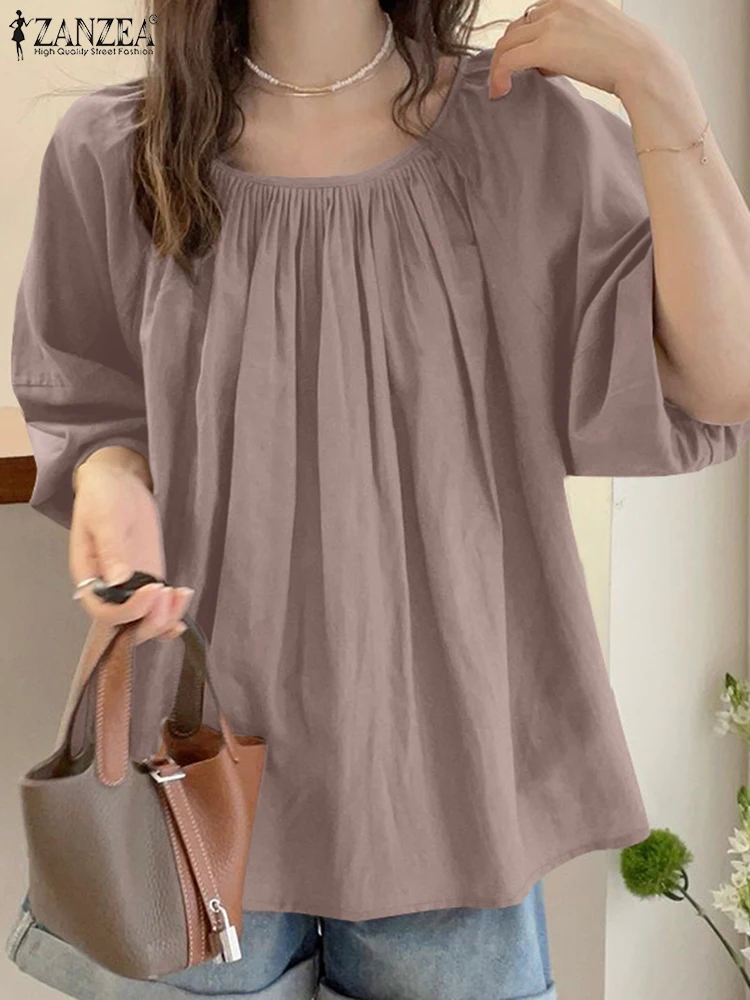 ZANZEA Loose Casual Elegant Blouses Solid Color Summer 2024 Women Korean Fashion Tunic Tops Half Lantern Sleeve Blusas Mujer