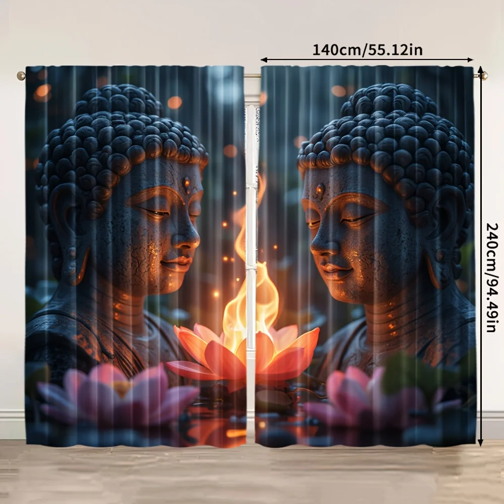 Buddha Lotus Curtains Zen Meditation Art Window Drapes Spiritual Flame Design Home Decor Peaceful Mind Theme Living Room