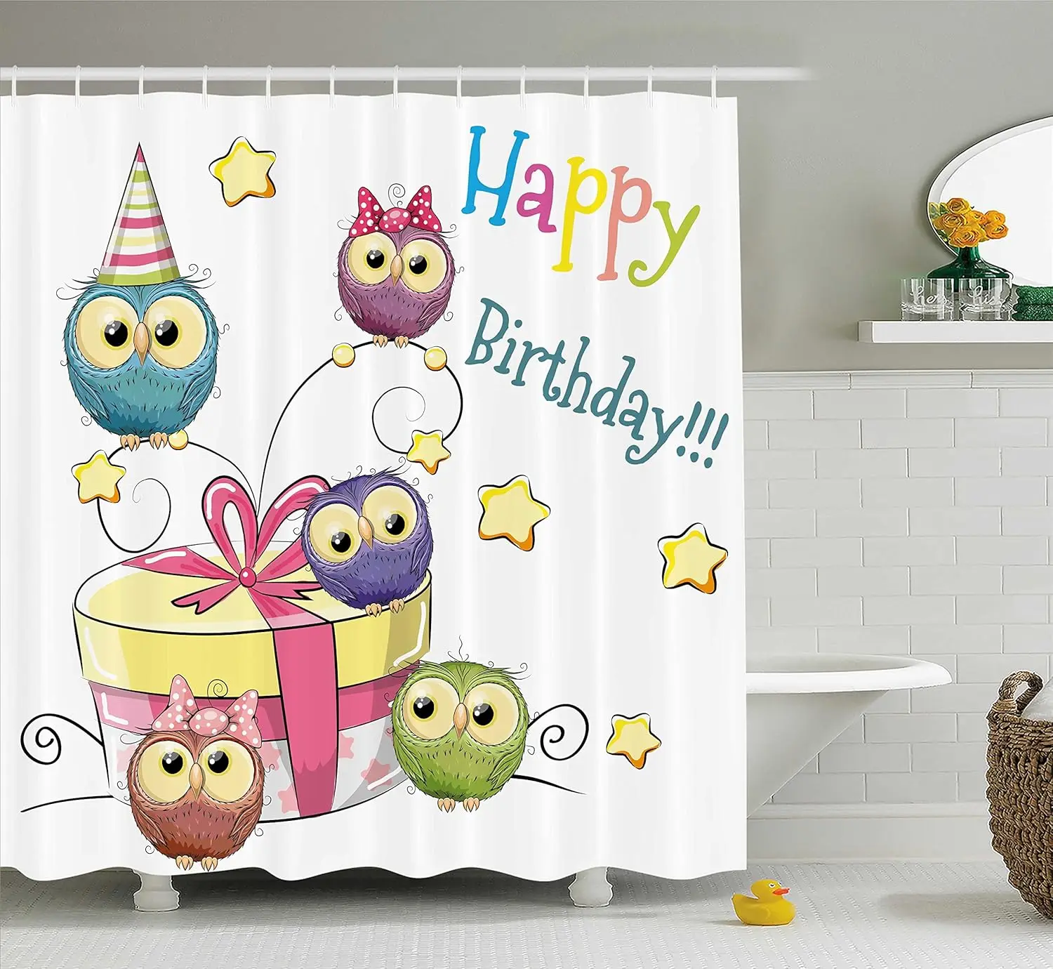Decoraciones de cumpleaños para niños, cortina de ducha con bocetos  dibujados a mano, búhos de bebé en regalo y estrellas, decoración de baño  con estampado de imagen / Artículos del hogar, image size:1500x1380