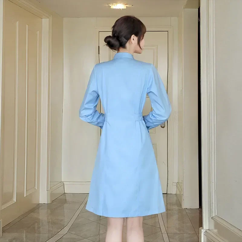 Uniforme de enfermera para mujer, abrigos de laboratorio, traje de enfermera profesional, ropa de trabajo de manga larga para salón de belleza, vestido médico de Color sólido