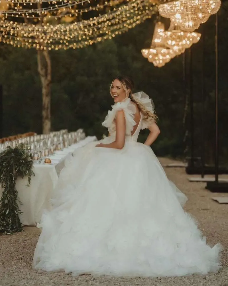 Vestido de noiva floral 3D princesa, Tule longo, Sem encosto, Vestido de baile branco, vestido de noiva romântico, 2023