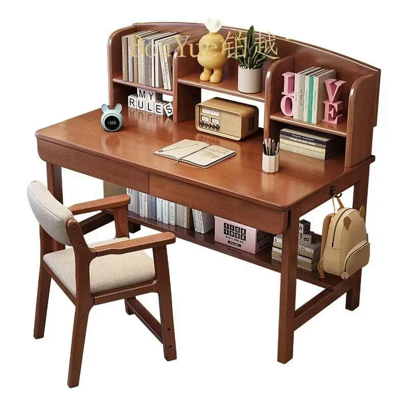 Adjustable Solid Wood Kids Study Desk with Bookshelf Ergonomic Writing Table and Chair Set for Primary School Students