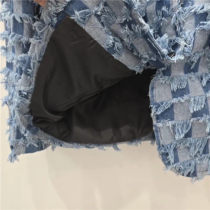 Mode gerafelde bramen geruit jasje losse casual gekerfde kraag contrasterende kleur denim lange mouwen stiksels dames blazers jas