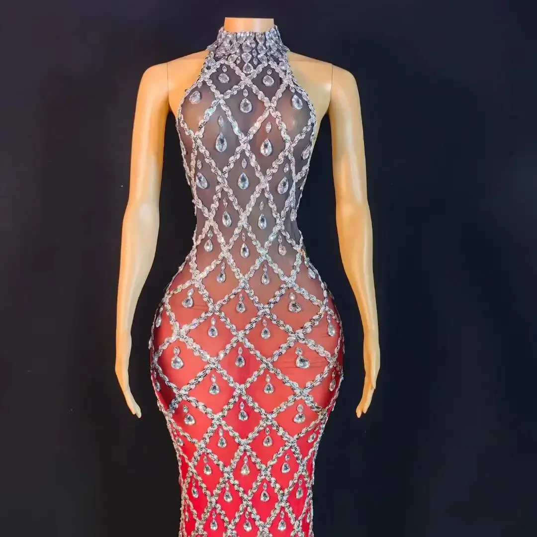 Women Gradient Color Sleeveless Elegant Birthday Party Long Dress Evening Full Rhinestone Outfits