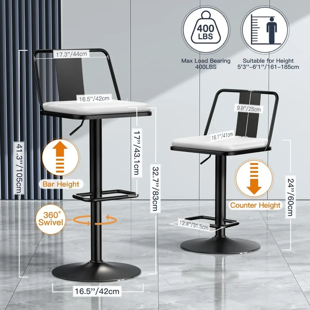 Enlarged PU Leather Seat with Metal Back, Adjustable from 24" to 33" for Counter Height & Bar Height, Modern Design for Kitchen