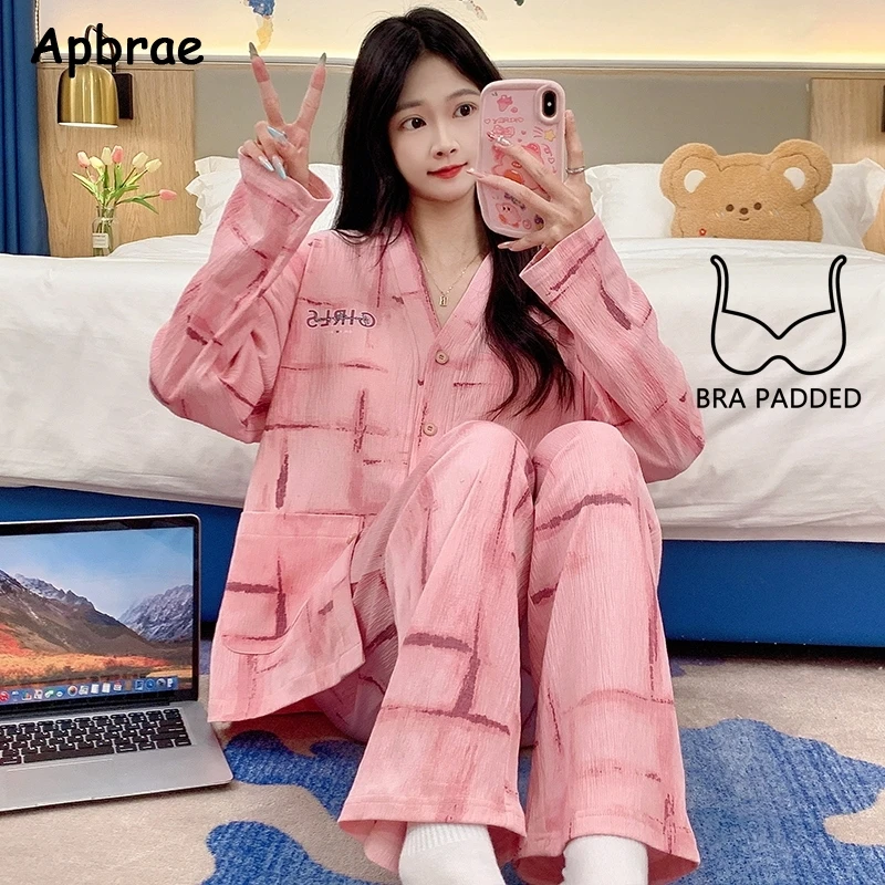 New Autumn Sweet Girl Pajamas with Bra Pads Long Sleeves Full Pants Cardigan Pajama Fashion Lapel Pijamas Soft Woman Nightwear