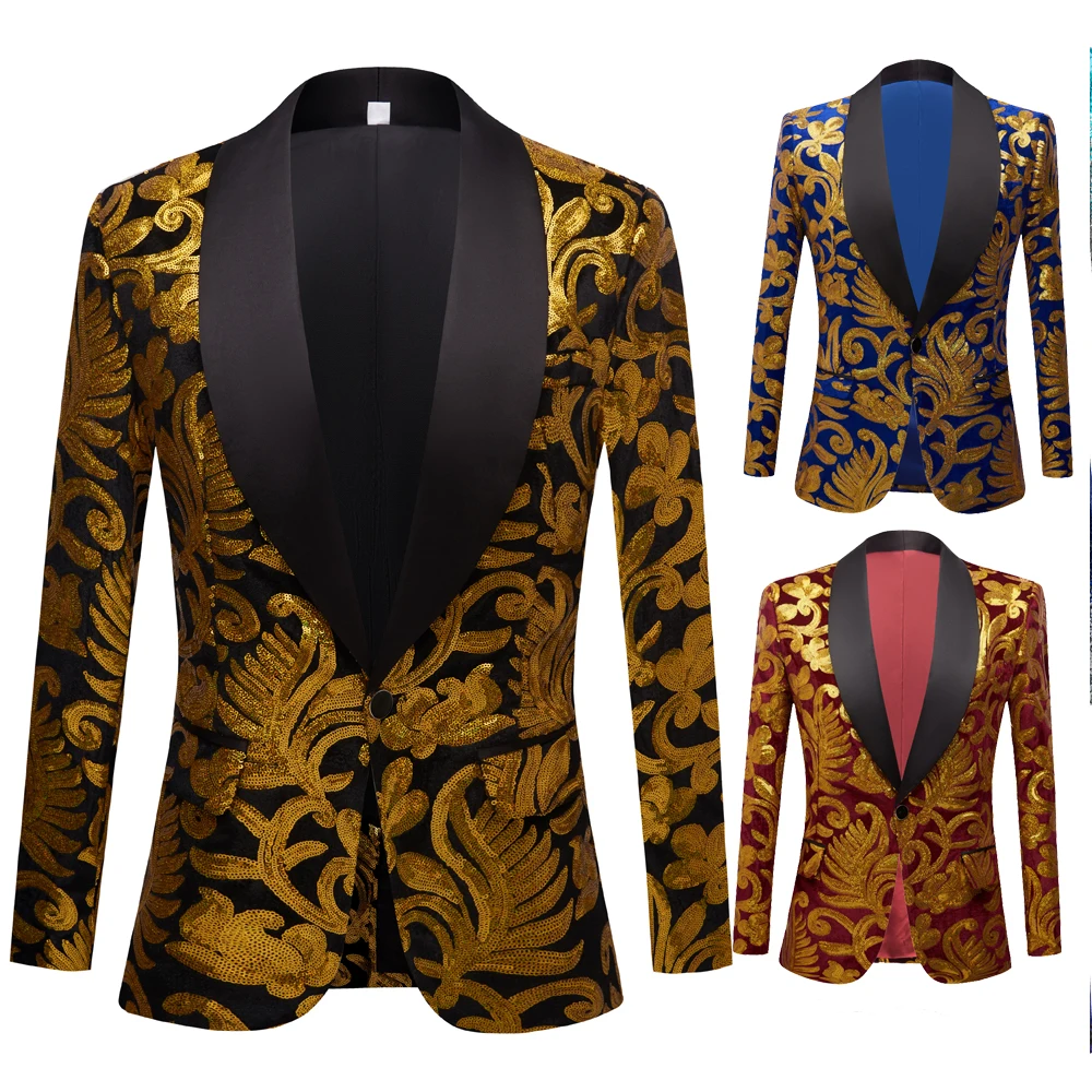 Mens laser Sequin Fashion Shawl Lapel Royal Black Velvet Floral Shiny Sequins Blazers Wedding Groom Prom Singers Suit Jacket