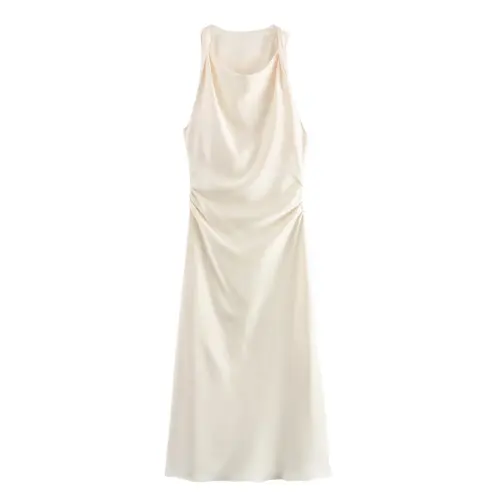 Imagen 2 del producto MUJER vestidos largos fruncidos de satén para mujer, vestido de verano sin mangas para mujer, vestidos de fiesta con hombros descubiertos para mujer, vestido de playa para mujer