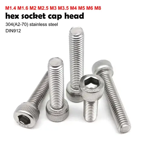 M1.4 M1.6 M2 M3 M3.5 M4 M5 M6 M8 304 A2-70 Stainless Steel DIN912 Hexagon Hex Socket Cap Allen Head Bolt Screw Length 2-80mm
