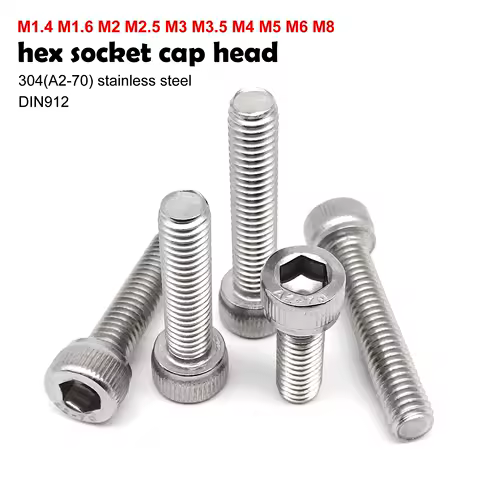 M1.4 M1.6 M2 M3 M3.5 M4 M5 M6 M8 304 A2-70 Stainless Steel DIN912 Hexagon Hex Socket Cap Allen Head Bolt Screw Length 2-80mm