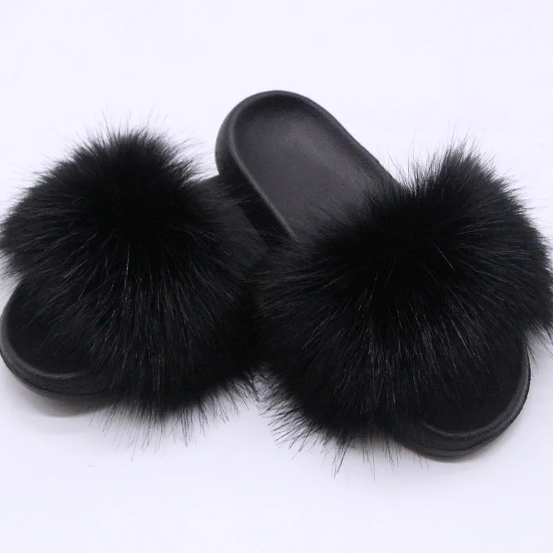 Image of Damen Kunstfell-Slipper Flauschige Offene Pantoffeln für Drinnen und Draußen Lässige Flache Sandalen Luxuriöse Pelzige Slides für Damen