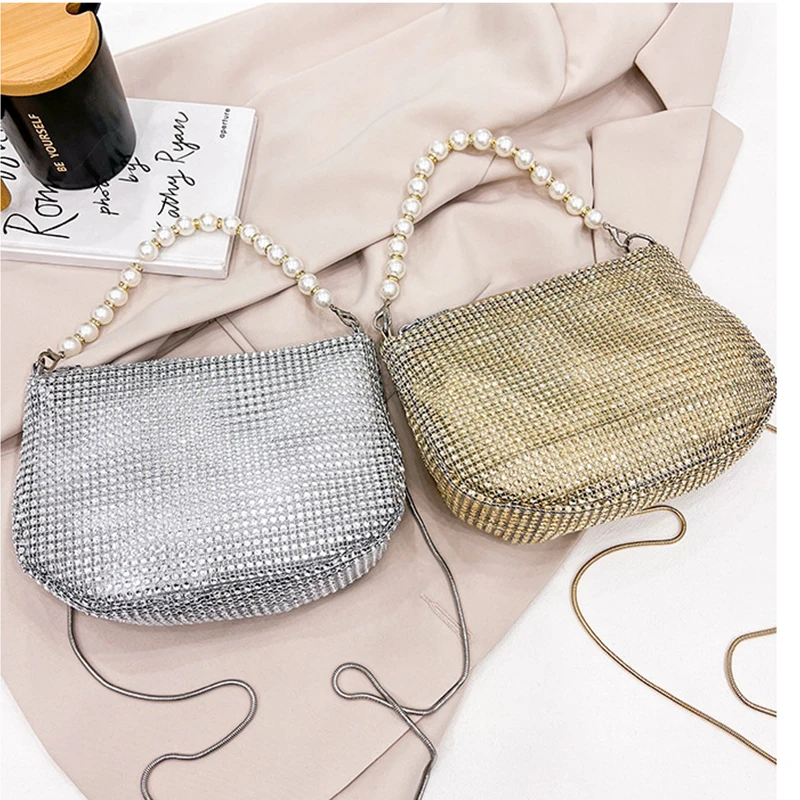 Pearl Handle Full Rhinestone Bags Handbags Gold Shoulder Bags Evening Party Clutch Fashion Luxury Purse Banquet Glitter Prom Sac