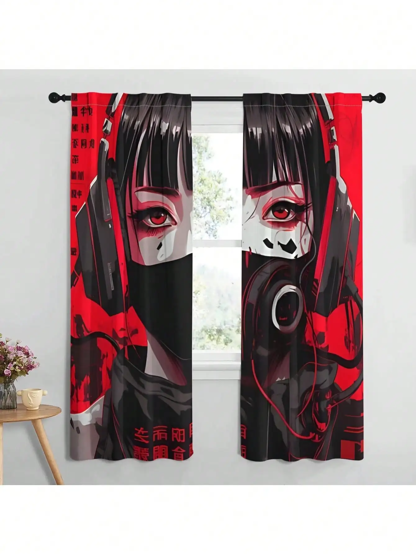 2pcs Dark Expressionist Crimson Cybergaze Curtains - Matte Polyester Rod Pocket Window With Stylish Eye Design For Bedroom