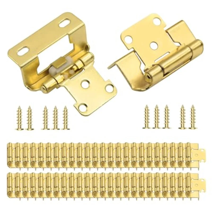 

1/2" Overlay Brass Gold Cabinet Hinges, 25 Pairs - 50 Pack Semi Wrap Partial Wrap Self Closing Kitchen Cabinet Hinges, Hidden C