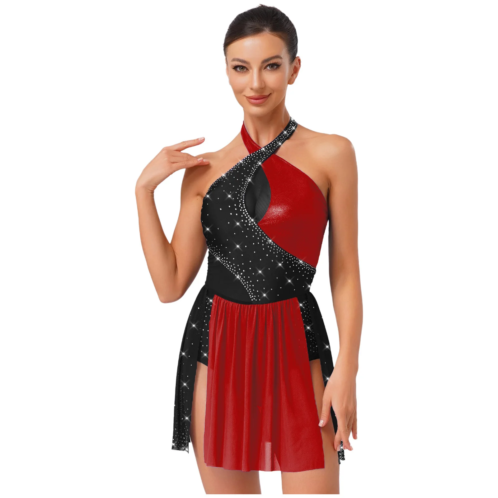 Womens Ballet Latin Dance Outfit Gymnastics Lyrical Dance Leotard Rhinestone Contrast Color Irregular Hem One Piece Bodysuit