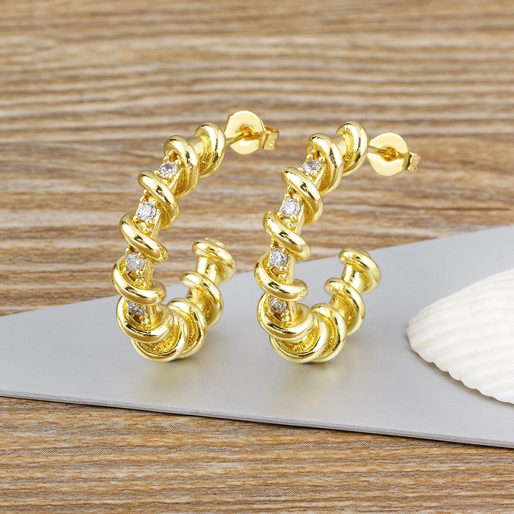 Nidin Korean New Light Luxury Gold Color Vintage Geometry Spiral Zircon Earrings for Women Simple Trendy Party New Year Jewelry