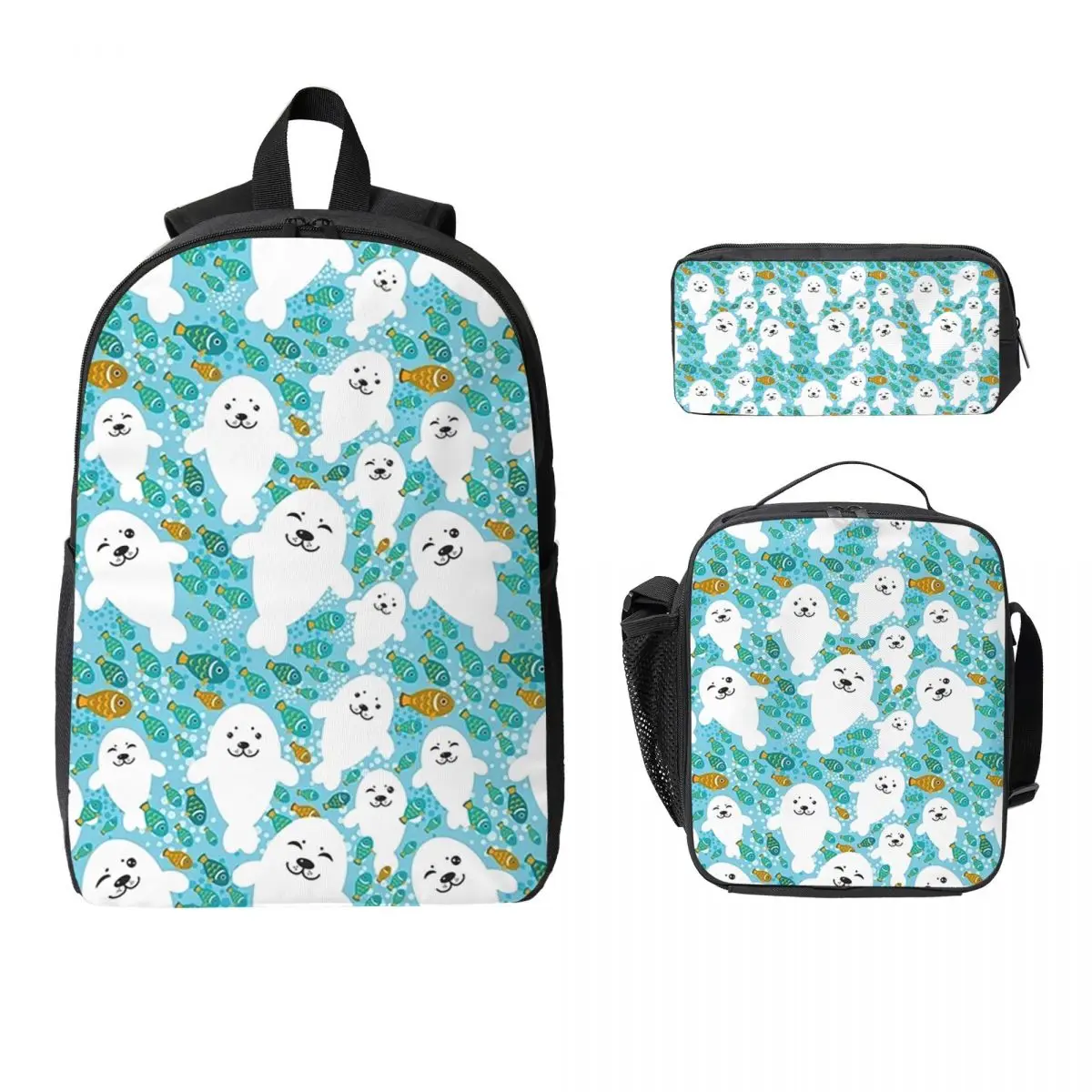 

Kawaii Cute Seal And Fish In Water Backpack Boys Girls BookBag School Bag Shoulder Bags 3ps Insulated Lunch Bag Pencil Case