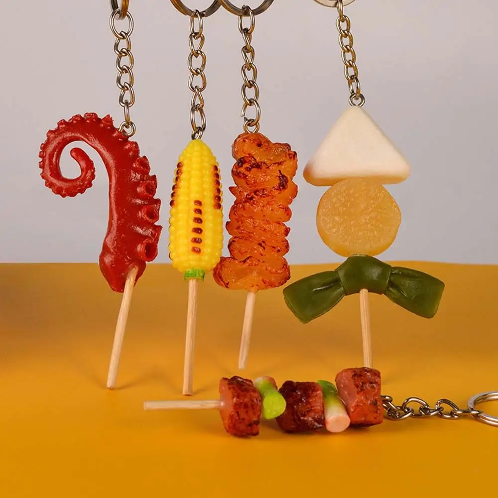 PVC Skewer Squid Must Gluten Oden Korean Style Bag Pendant Simulation BBQ Keychains Fake Food Key Ring Women Fashion Jewelry