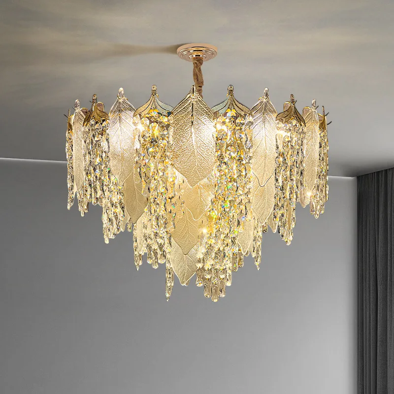 Französische Luxus-Kristall-Pendelleuchte für Wohnzimmer, Schlafzimmer, Restaurant, Küche, Kreative Blatt-Form, Heimdekoration, Beleuchtung