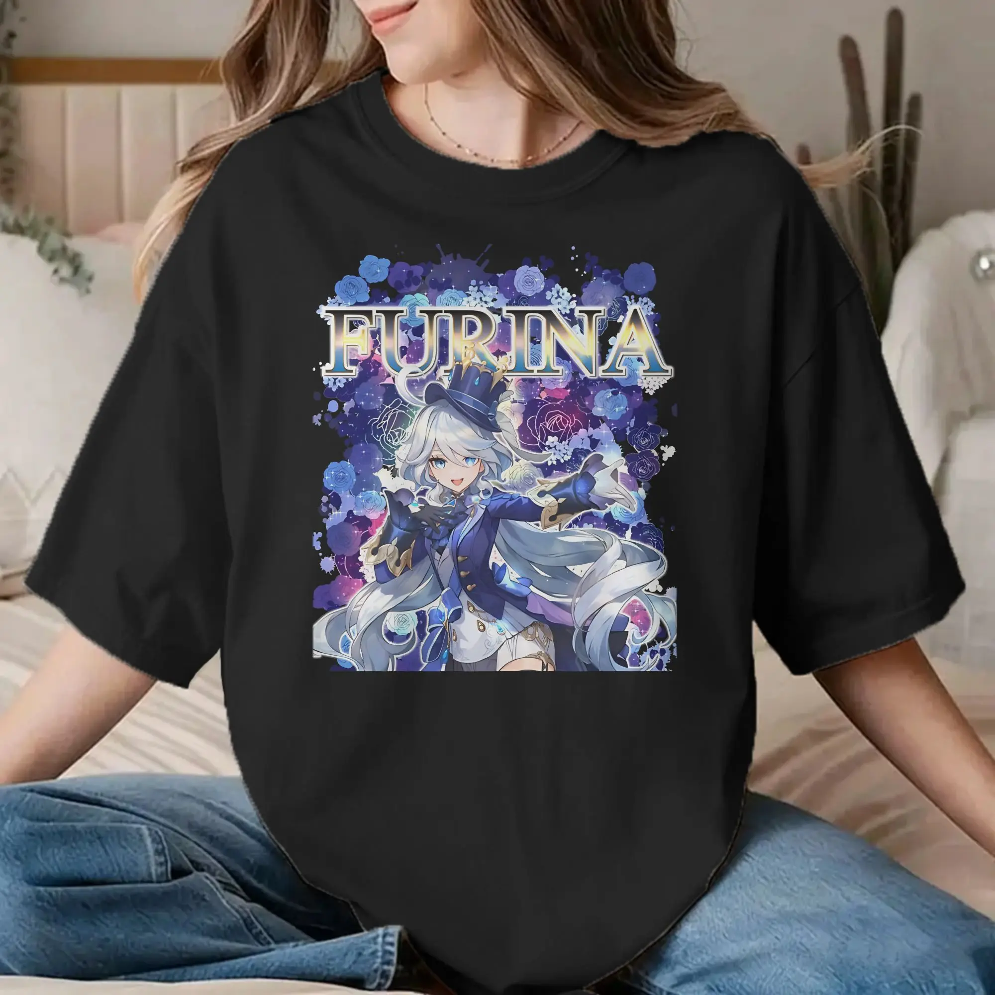 Furina Flowers Genshin Impact T Shirts Men Women 100% Cotton Vintage T-Shirts Round Neck  Tees Short Sleeve Clothing Summer