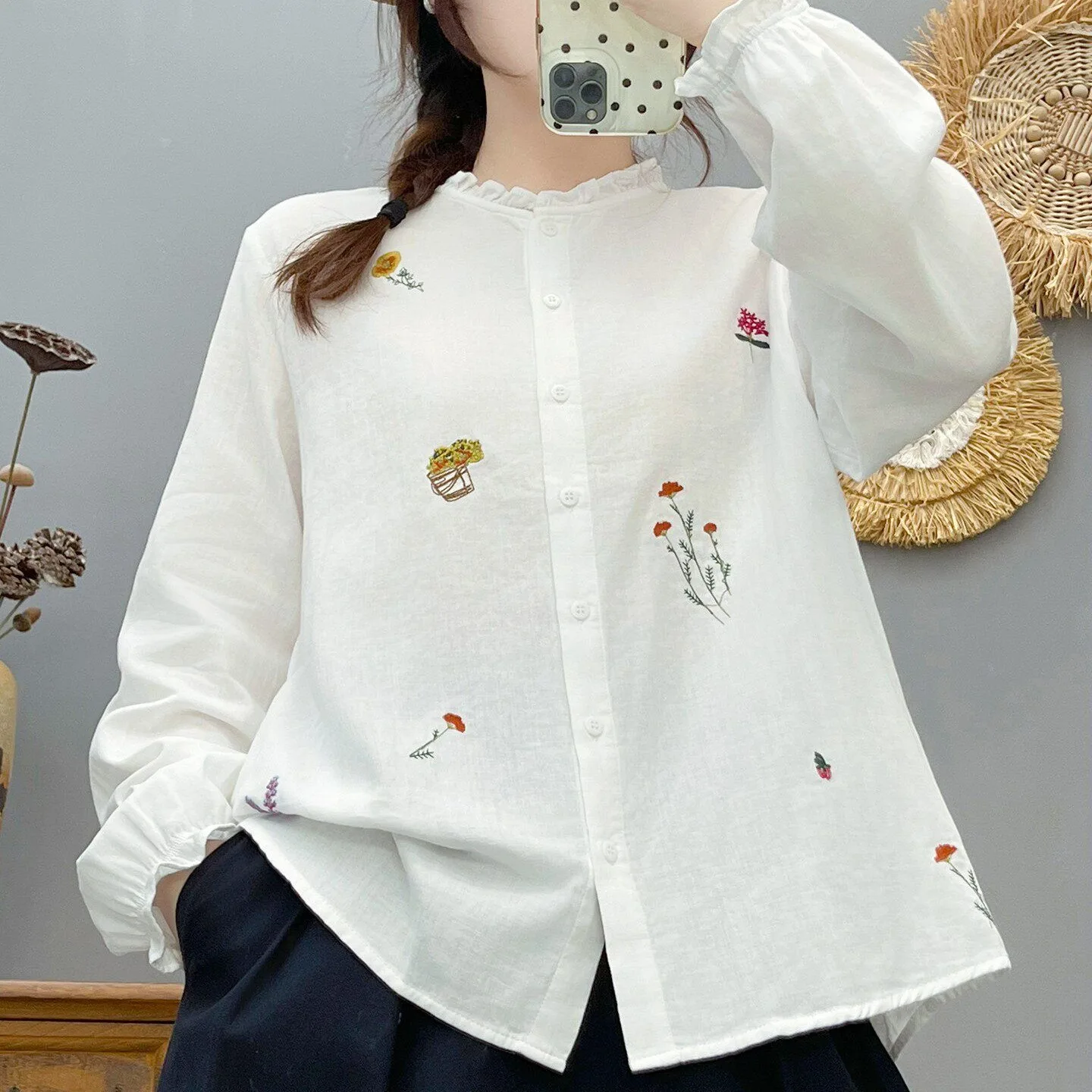 

Элегантная женская рубашка с вышивкой и длинным рукавом, премиум-класса, больших размеров, весна-осень, новый стиль, с цветочным узором, из смесового хлопка
