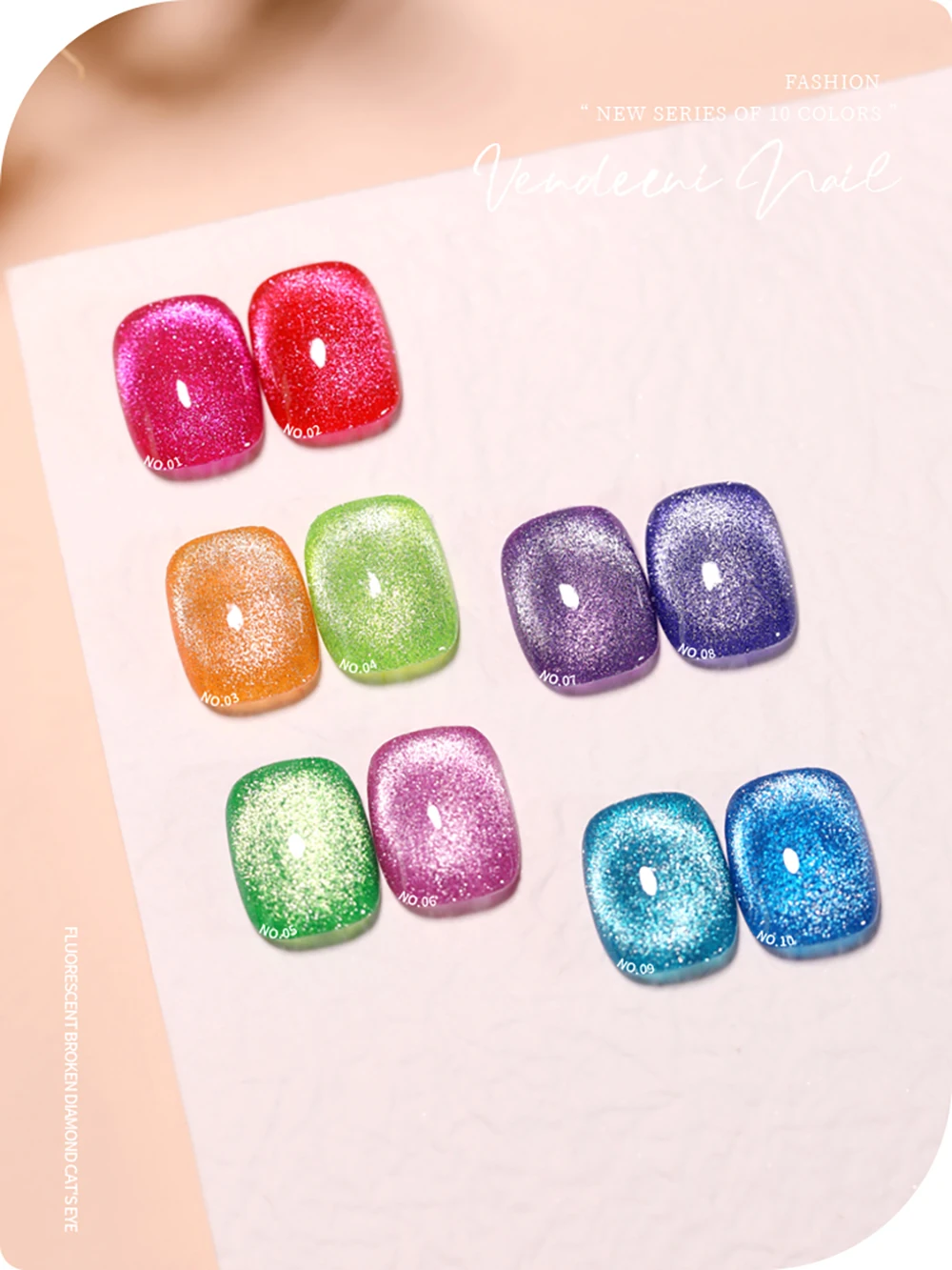 Vendeeni 10 Farben/Set Fluoreszierender Diamant-Katzenaugen-Gel-Nagellack Glitzer Magnetischer UV-Soak-Off-Gel-Lack mit Display – Detail 3