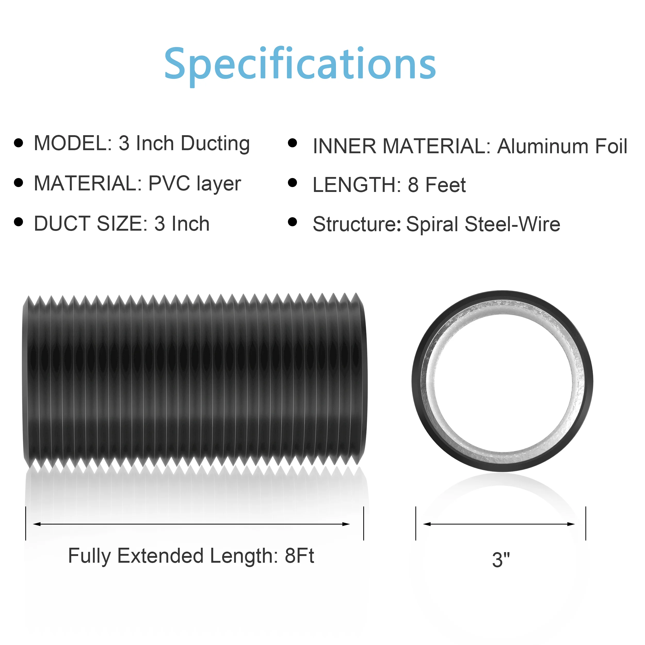 Hon&Guan PVC Composite Hose 2.5M, Low Noise Duct Muffler with American Clip for Ventilation Fan