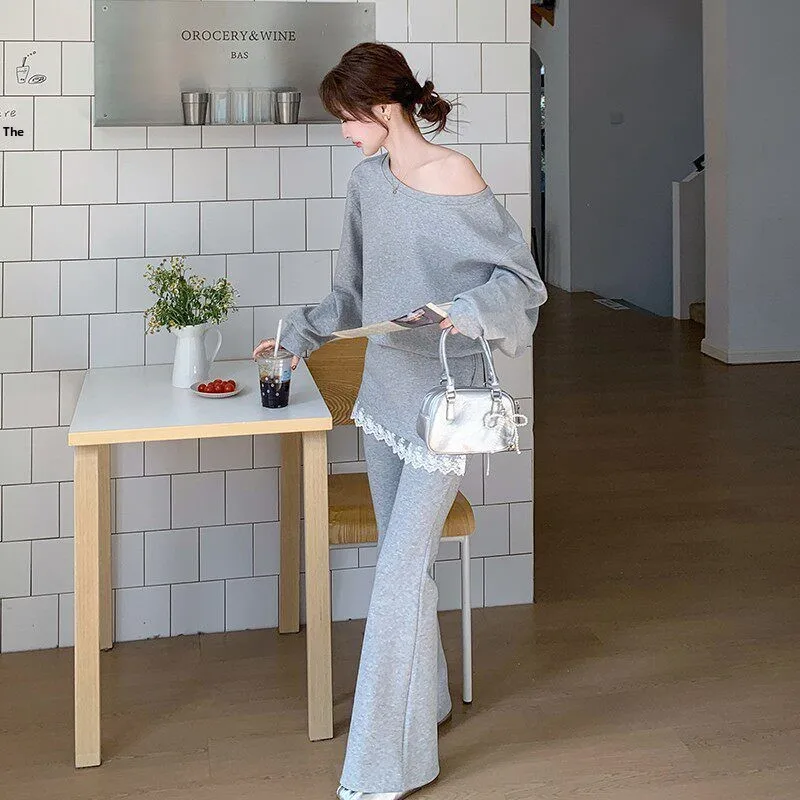 Gray Lace Splice Flared Pants Sweatshirt Set Women's Fashion Spring New Sport Style Casual Matching Two-Piece Outfit