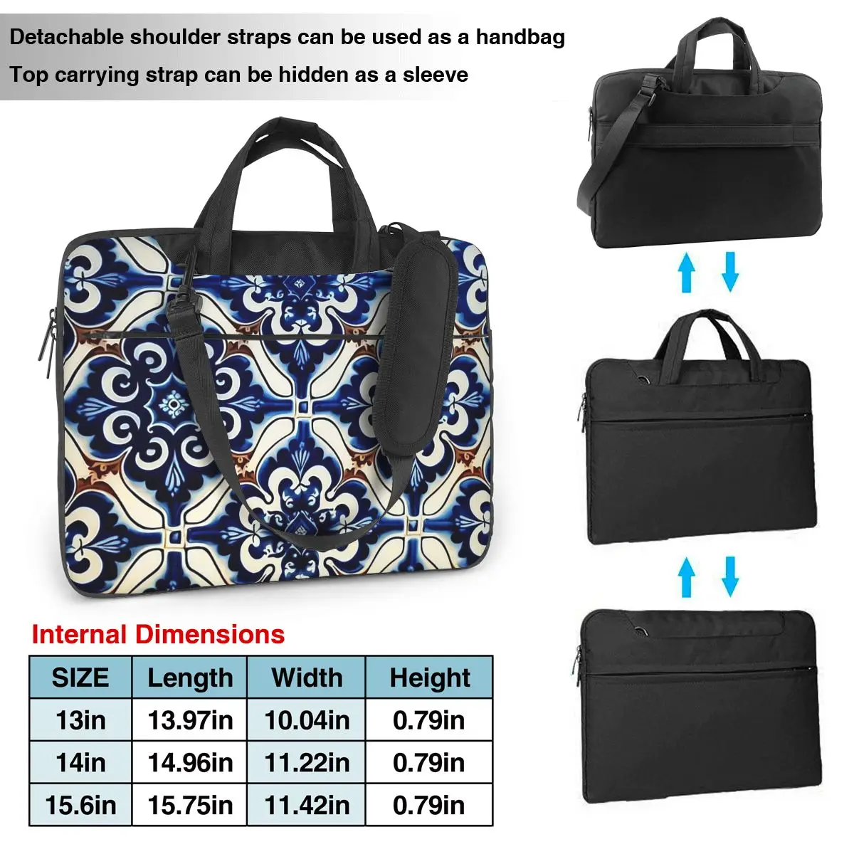 Blue And White Vintage Portuguese Tiles Laptop Bag Protective Case Computer Bag 13 14 15.6 Crossbody Laptop Pouch Macbook Pro