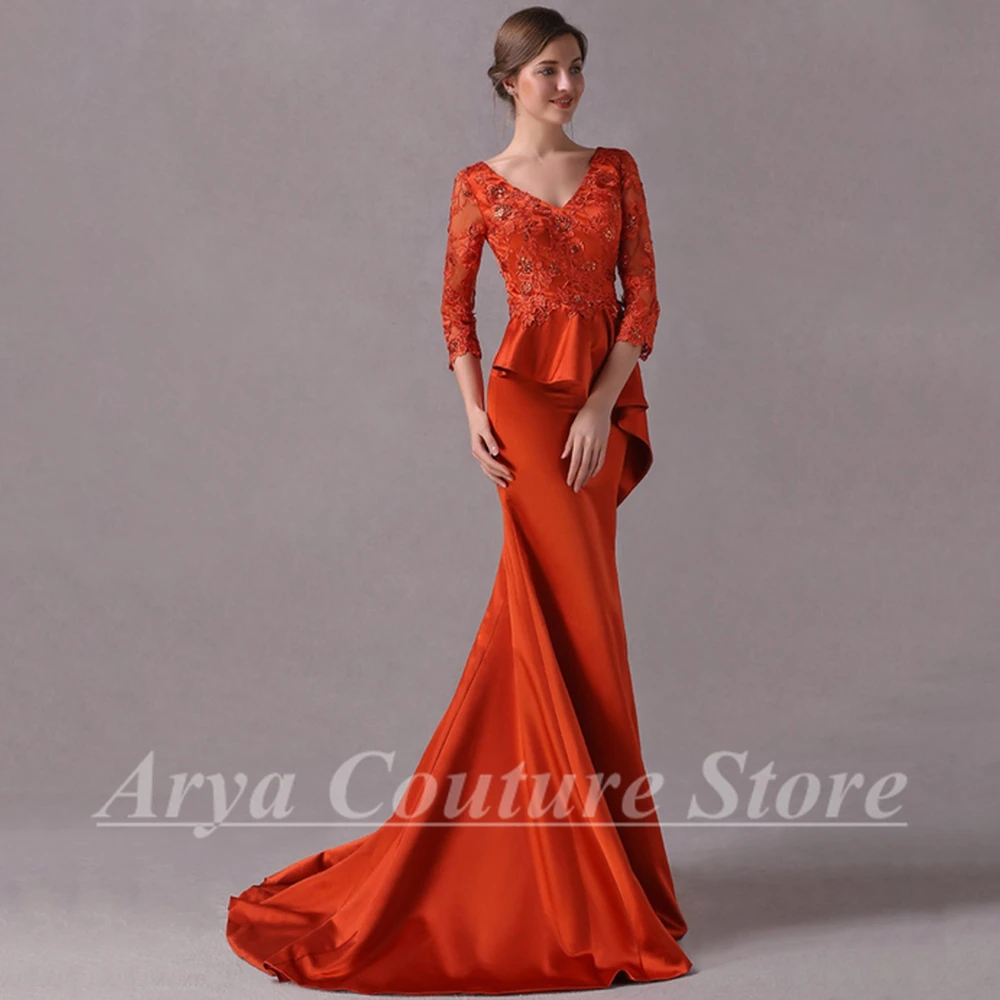 Elegant Mermaid Mother of the Bride Dress V-Neck Three Quarter Applique Ruffle Floor Length Wedding Party Guest Customized Gown